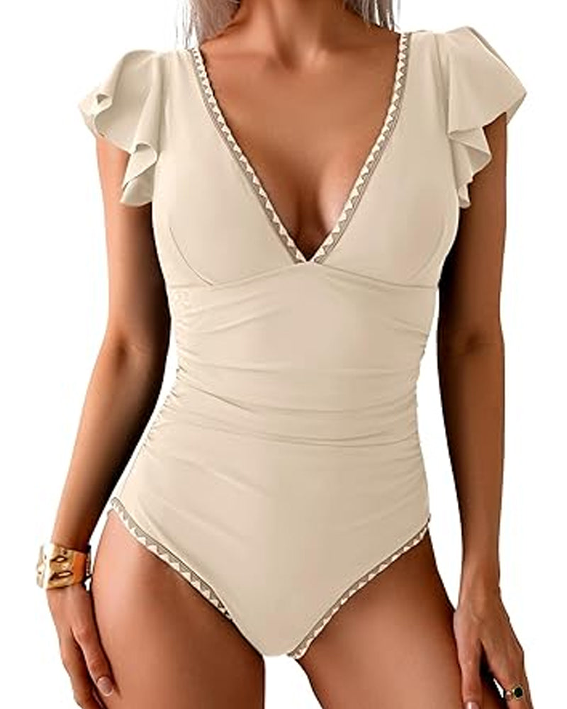 Traje de baño de una pieza con estampado, volantes y control de abdomen, manga corta y escote en V profundo