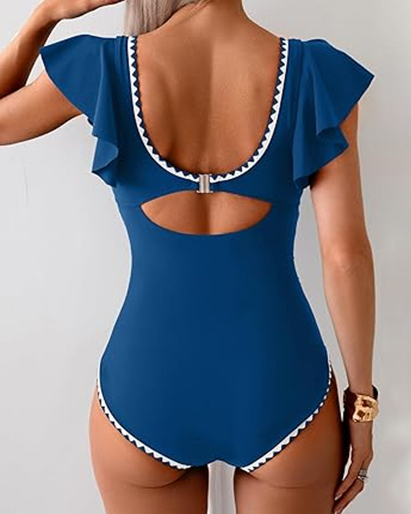 Traje de baño de una pieza con estampado, volantes y control de abdomen, manga corta y escote en V profundo