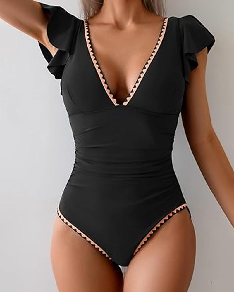 Traje de baño de una pieza con estampado, volantes y control de abdomen, manga corta y escote en V profundo