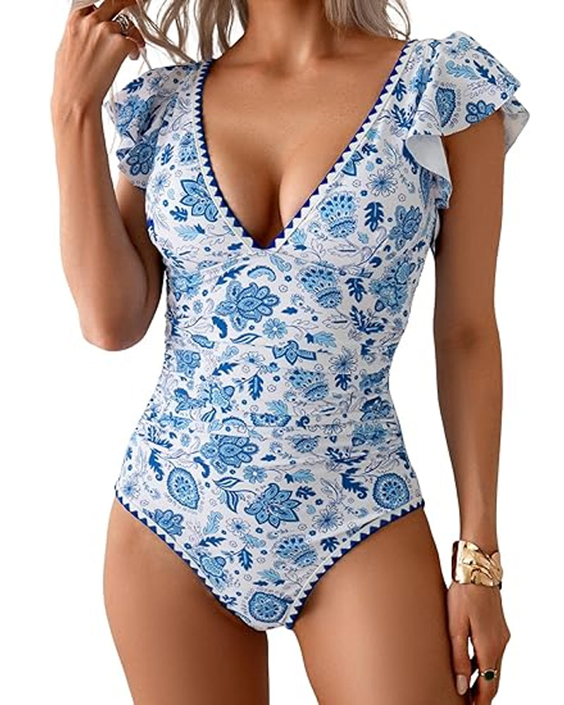 Traje de baño de una pieza con estampado, volantes y control de abdomen, manga corta y escote en V profundo