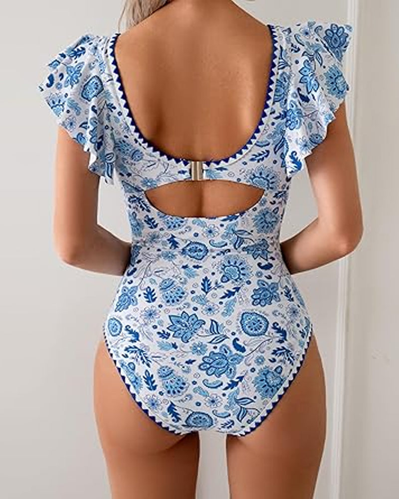 Traje de baño de una pieza con estampado, volantes y control de abdomen, manga corta y escote en V profundo