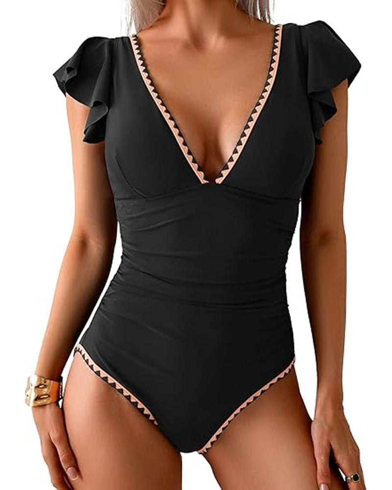 Traje de baño de una pieza con estampado, volantes y control de abdomen, manga corta y escote en V profundo
