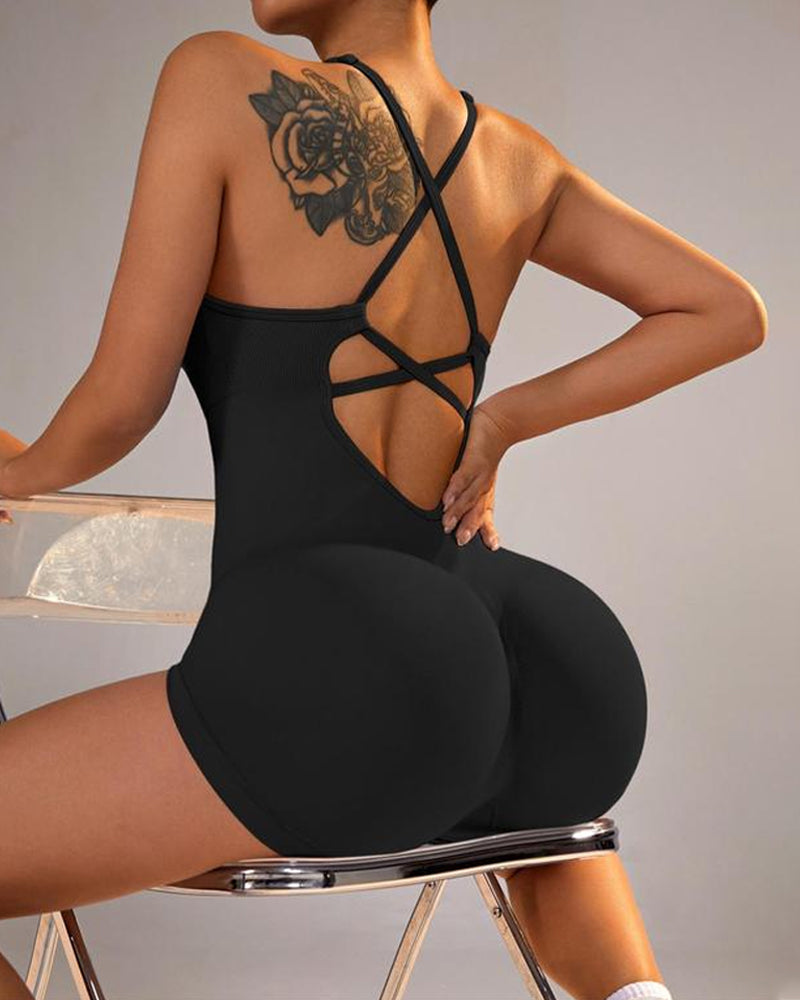 Mono Deportivo de Mujer Sin Mangas en Color Sólido con Tirantes Ajustables y Espalda Cruzada