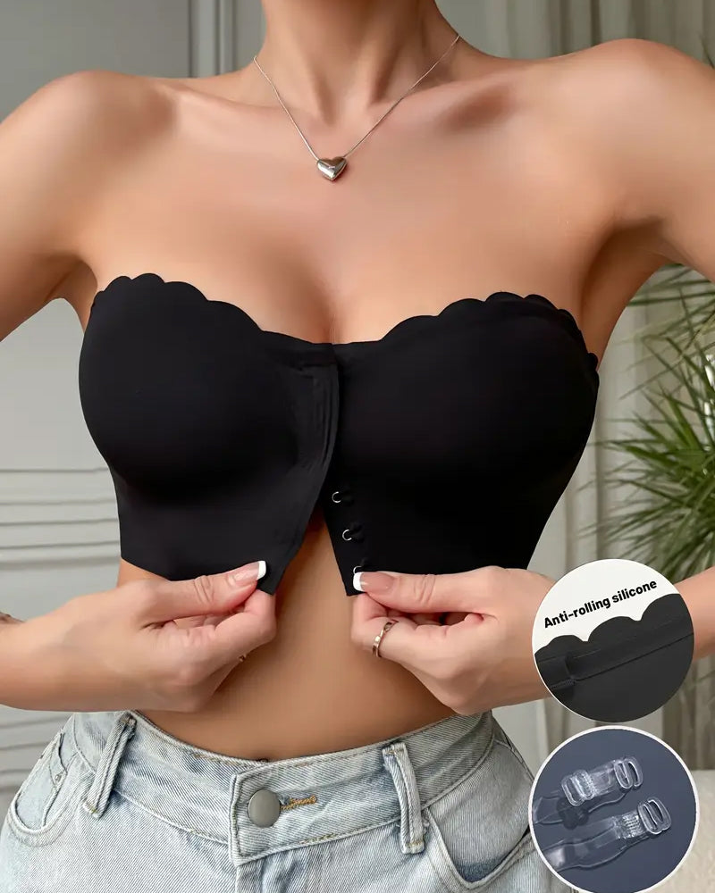 Sostén sin costuras y sin tirantes con cierre frontal y efecto push-up para mujer