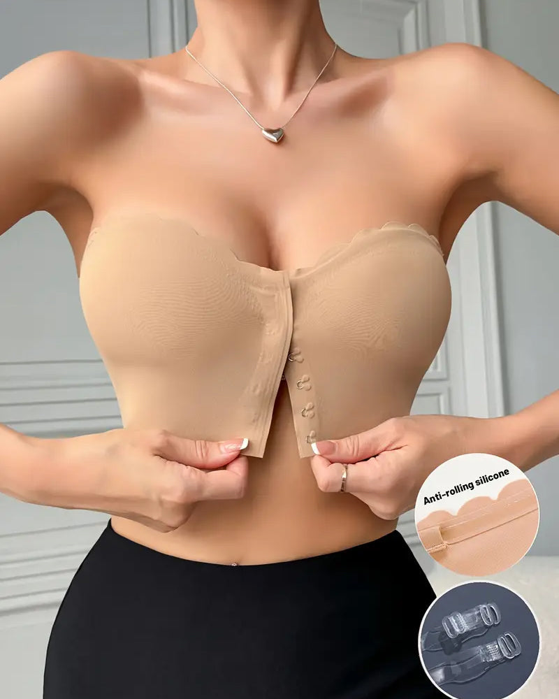 Sostén sin costuras y sin tirantes con cierre frontal y efecto push-up para mujer