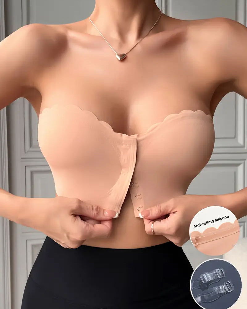 Sostén sin costuras y sin tirantes con cierre frontal y efecto push-up para mujer