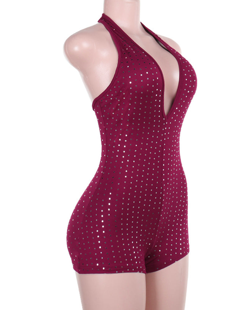 Mono Ajustado con Escote en V Profundo y Detalles de Rhinestones