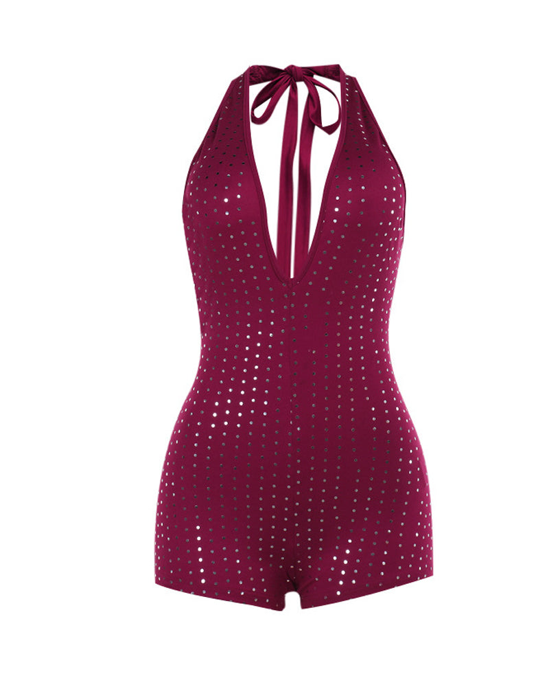 Mono Ajustado con Escote en V Profundo y Detalles de Rhinestones