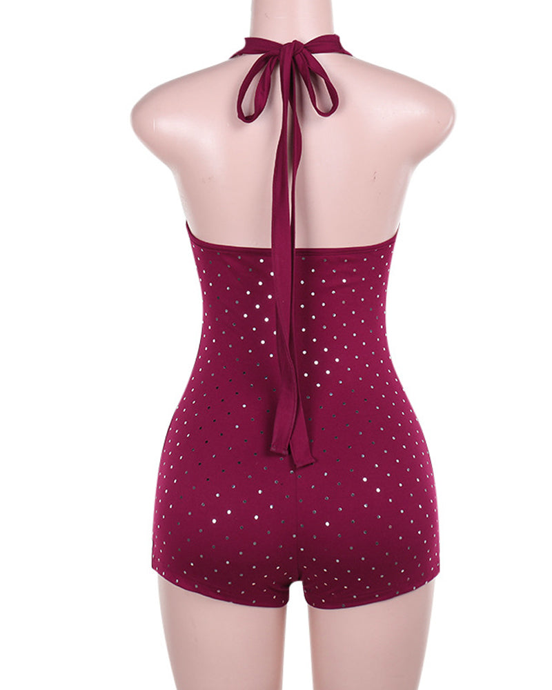 Mono Ajustado con Escote en V Profundo y Detalles de Rhinestones