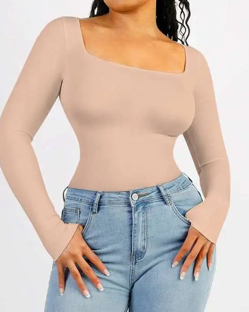 Body sin costuras para mujer con control de abdomen y mangas largas