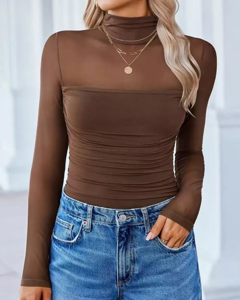 Cuerpo de Manga Larga con Cuello Alto de Malla Transparente y Detalles de Costura para Dama