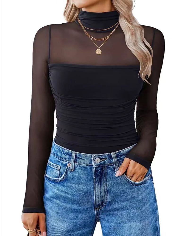 Cuerpo de Manga Larga con Cuello Alto de Malla Transparente y Detalles de Costura para Dama