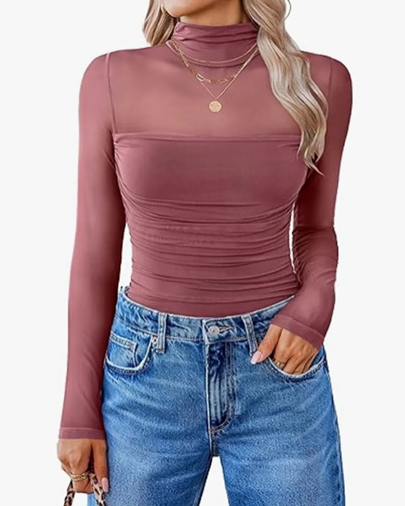 Cuerpo de Manga Larga con Cuello Alto de Malla Transparente y Detalles de Costura para Dama