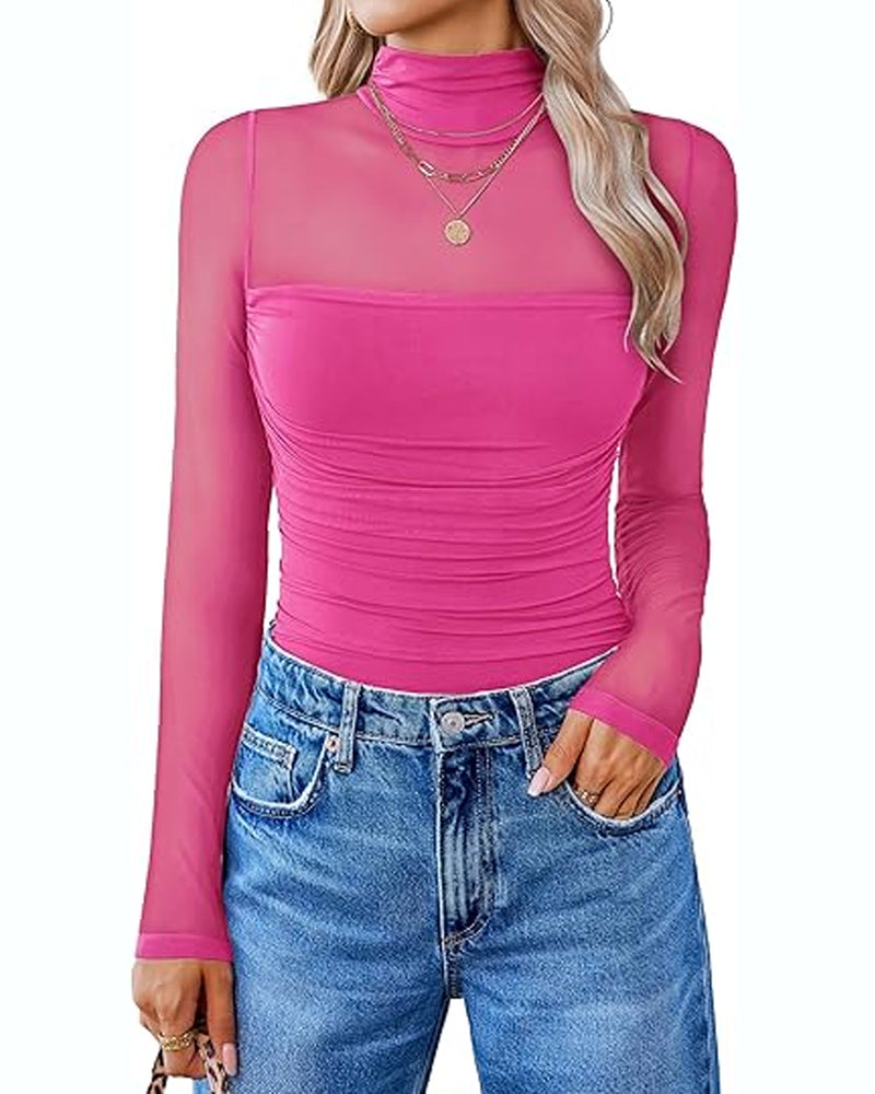 Cuerpo de Manga Larga con Cuello Alto de Malla Transparente y Detalles de Costura para Dama