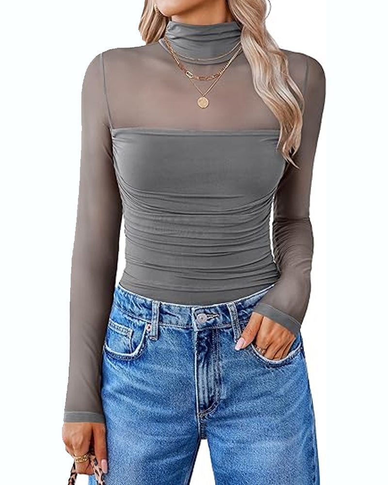 Cuerpo de Manga Larga con Cuello Alto de Malla Transparente y Detalles de Costura para Dama