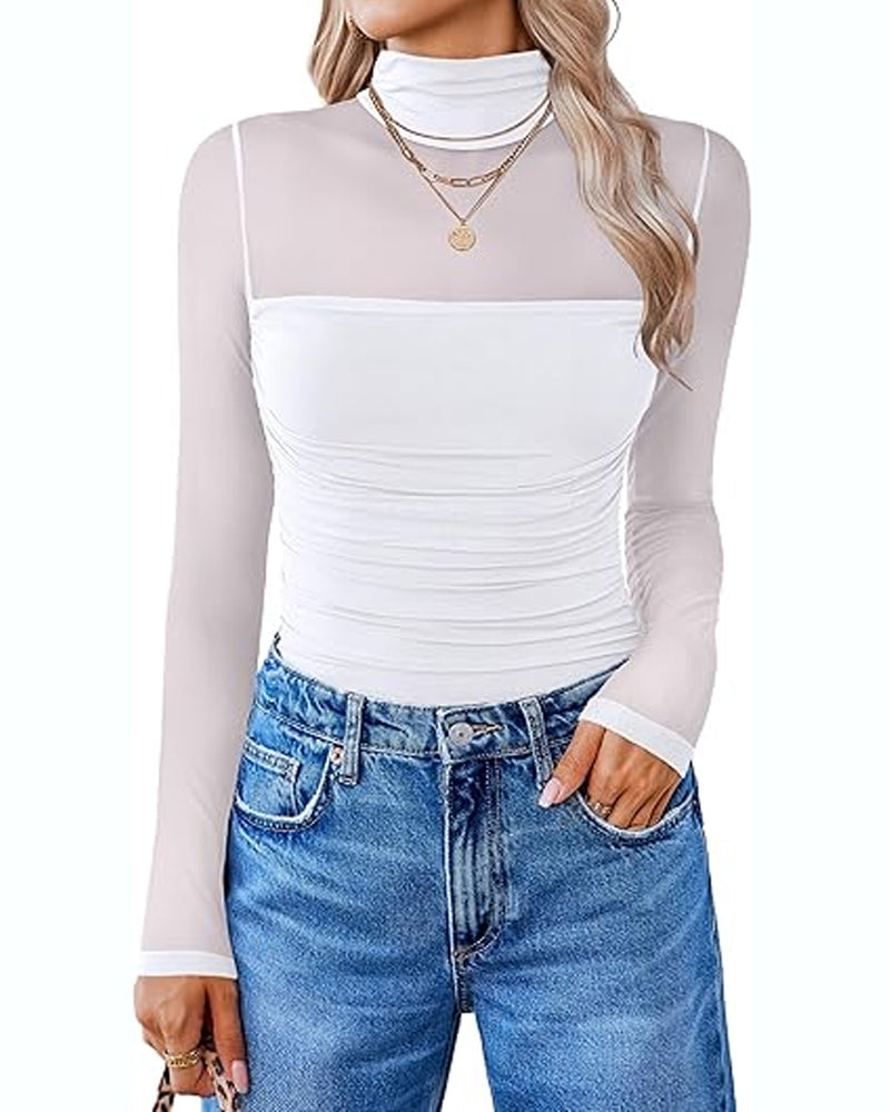 Cuerpo de Manga Larga con Cuello Alto de Malla Transparente y Detalles de Costura para Dama