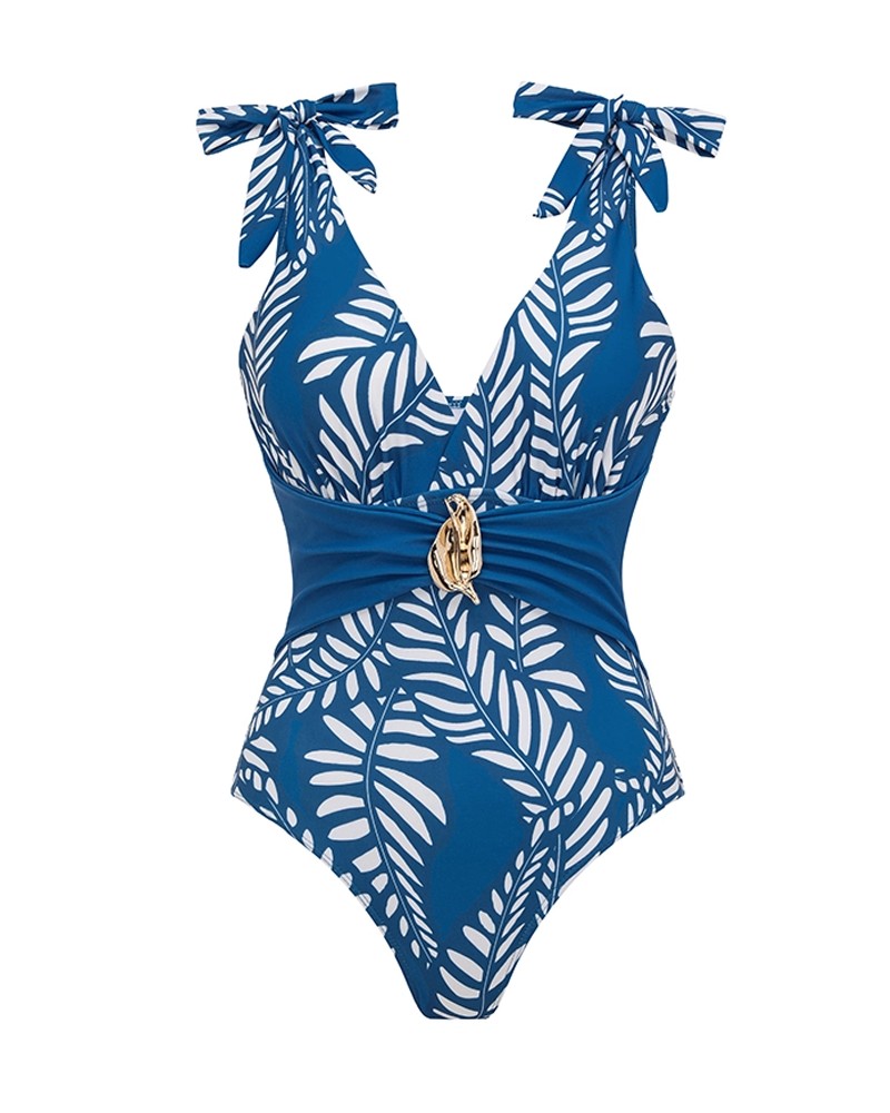 Conjunto de Baño con Estampado de Hojas y Borlas Azules