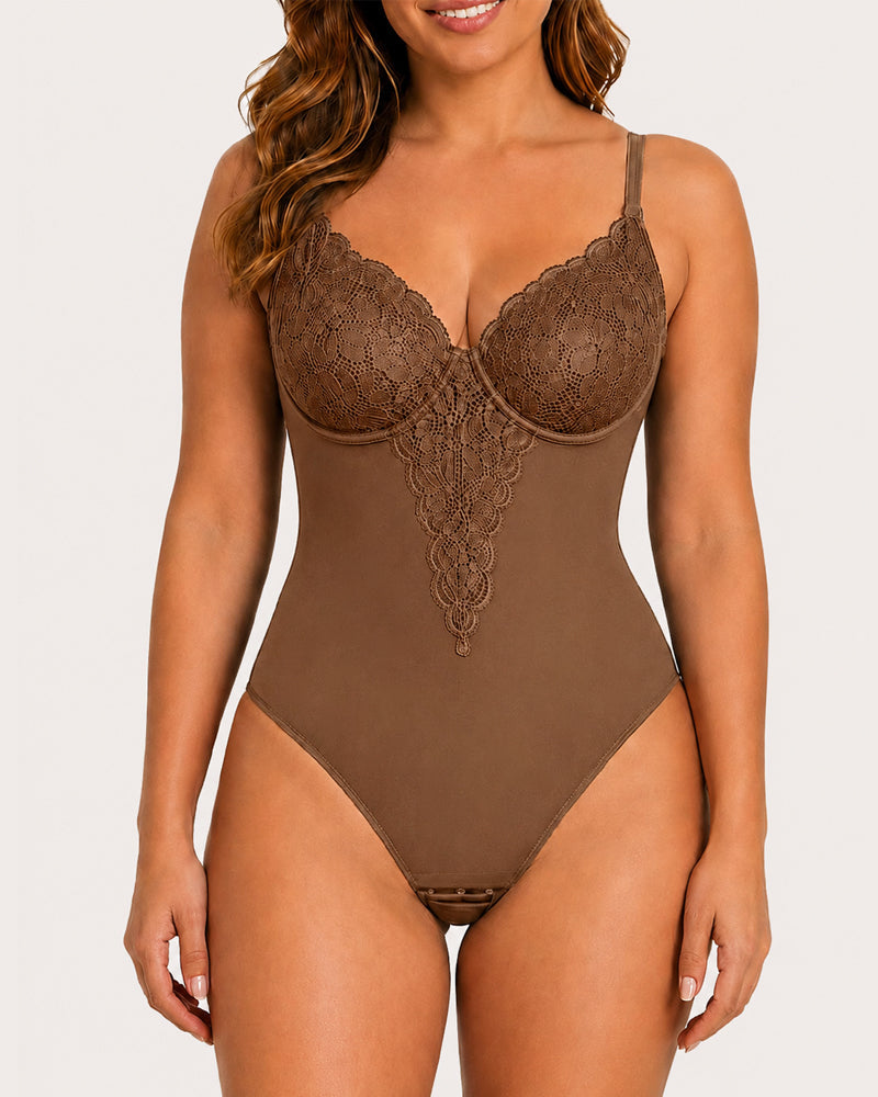 Body sin costuras para mujer con control abdominal y elegante encaje en V profundo