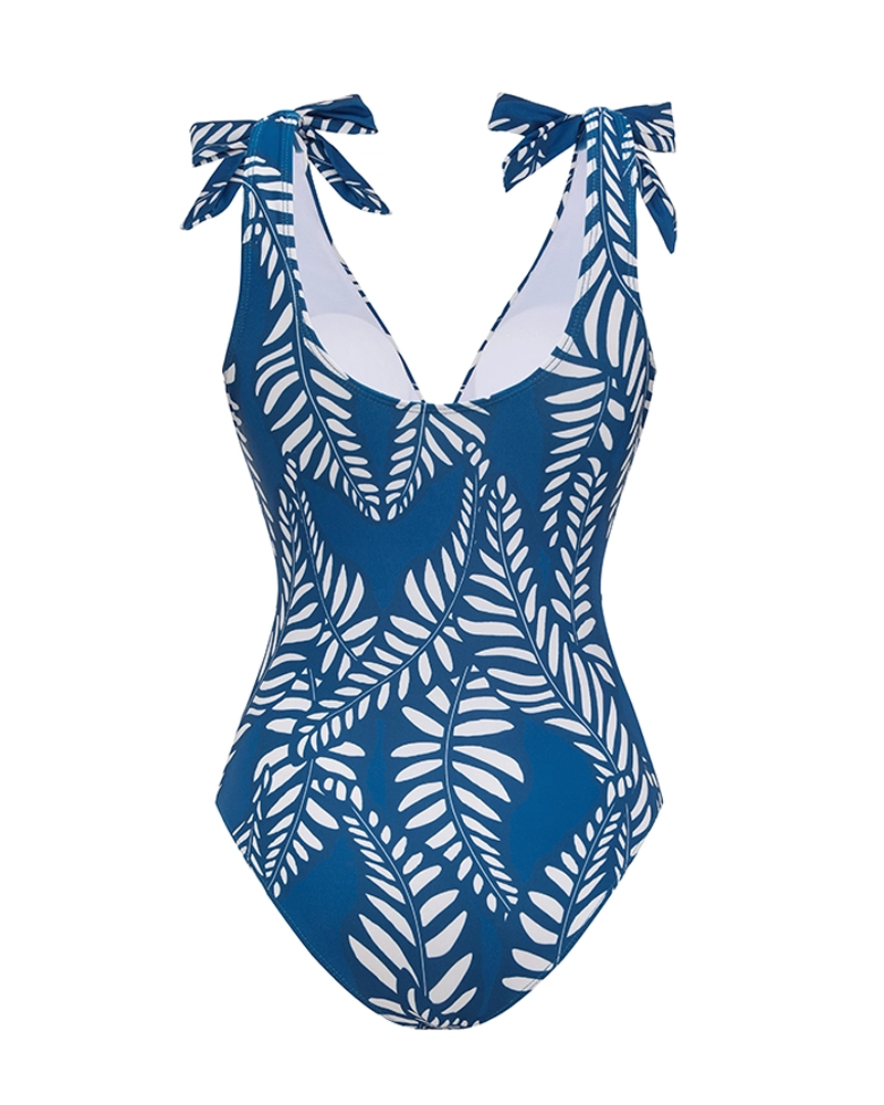 Conjunto de Baño con Estampado de Hojas y Borlas Azules