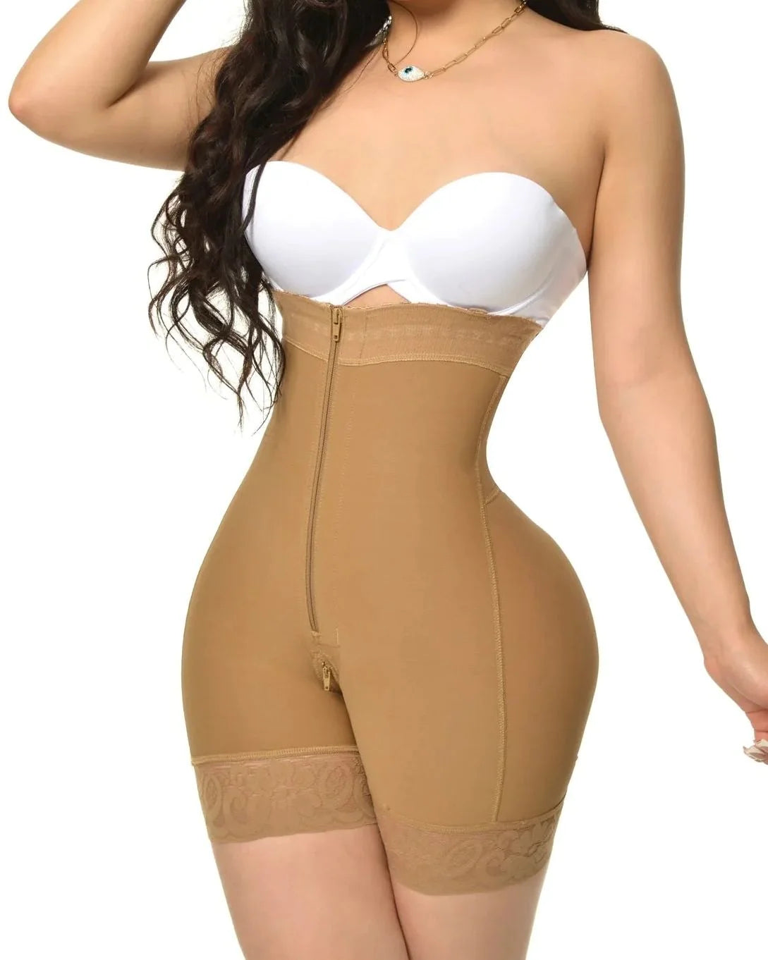 Fajas Colombianas de Compresión Shapewear con Escote Abierto y Control Abdomen con Cremallera