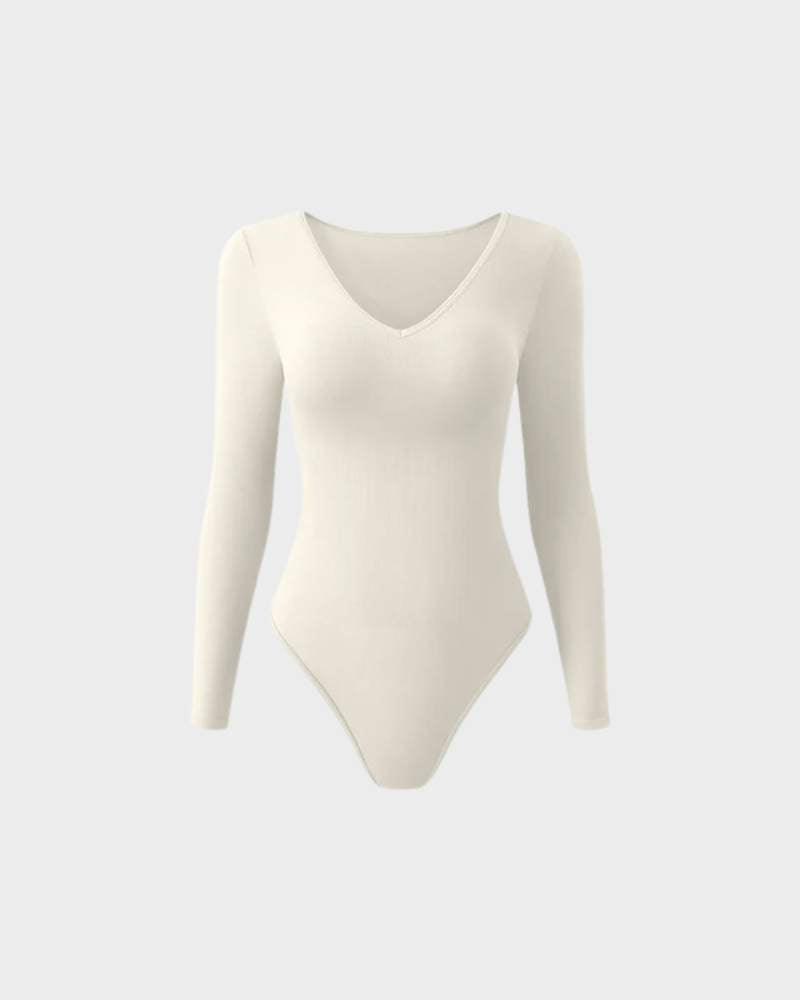Floralshe® Body Acanalado Sexy de Manga Larga con Cuello en V