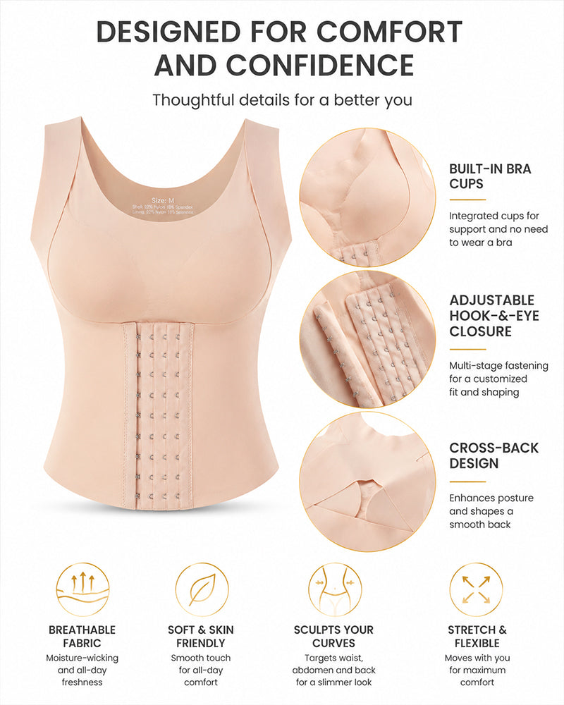 Chaleco moldeador sin costuras con control de abdomen y cierre frontal 4 en 1, sin alambres y diseño de espalda cruzada