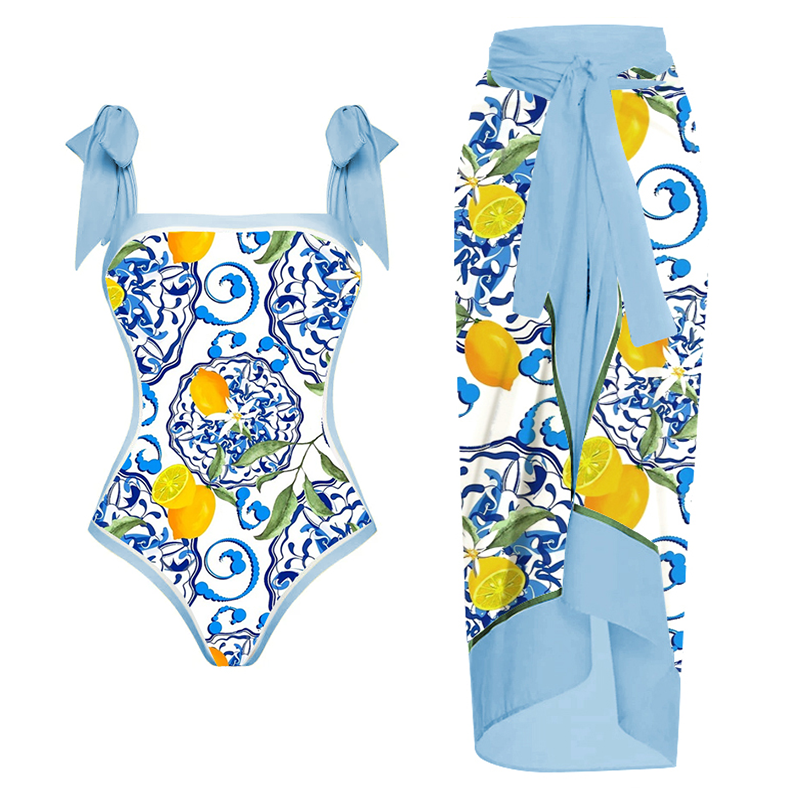 Traje de baño de una pieza con tirantes de limón y pareo