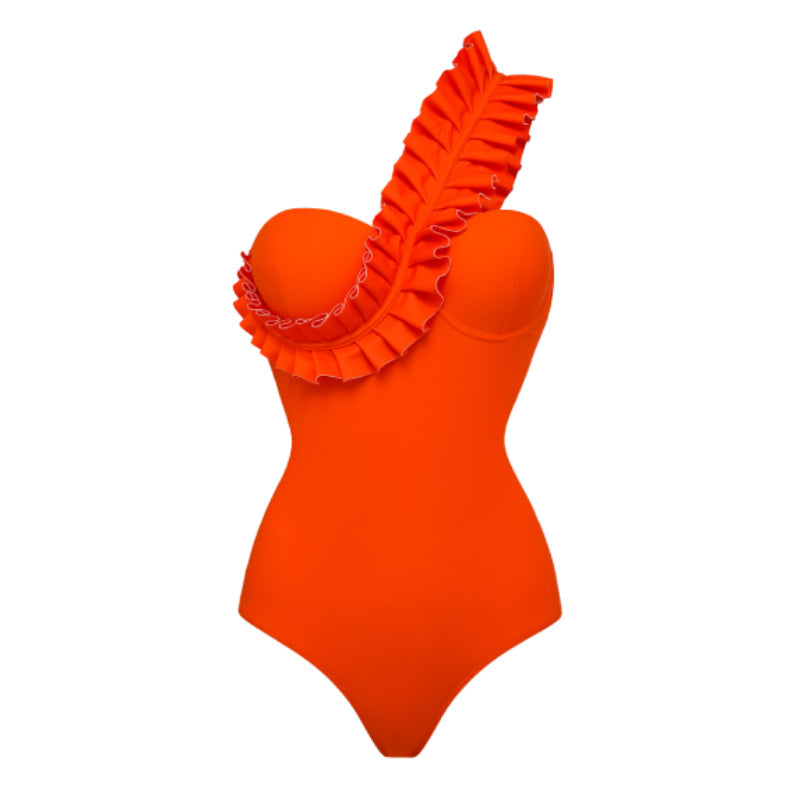 Mono de baño asimétrico con volantes y sarong naranja