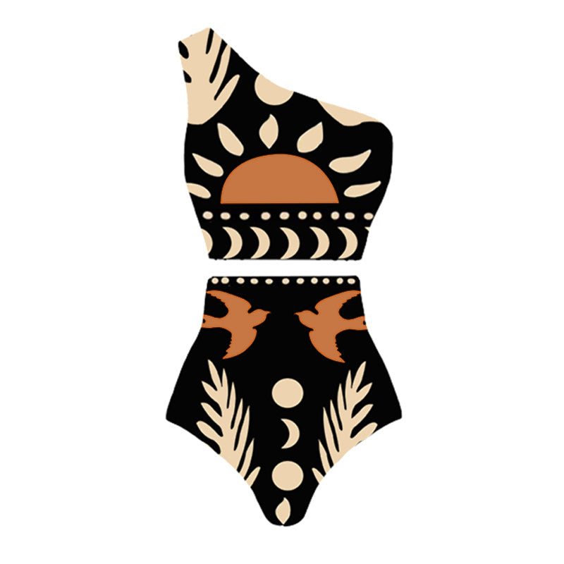 Bikini de un solo hombro con pantalones o falda de cintura alta