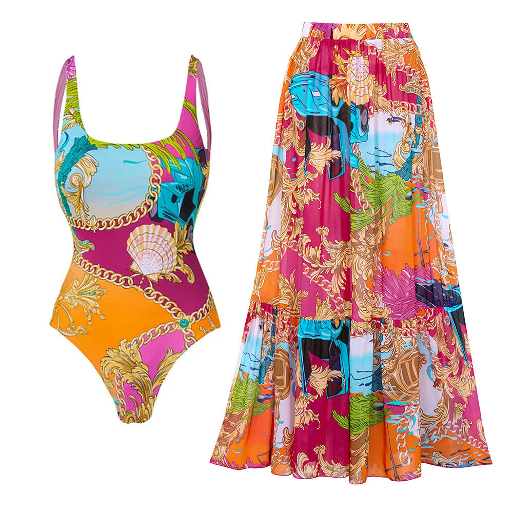 Conjunto de Baño de Una Pieza con Estampado de Concha y Sarong/Falda