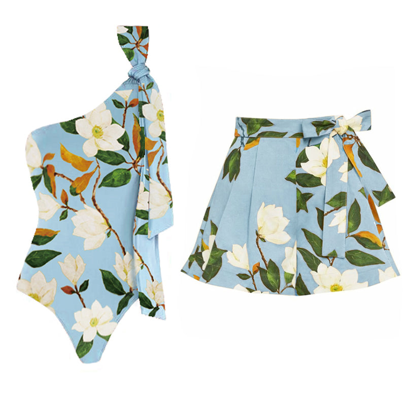 Bañador de Una Manga con Estampado de Magnolia y Falda