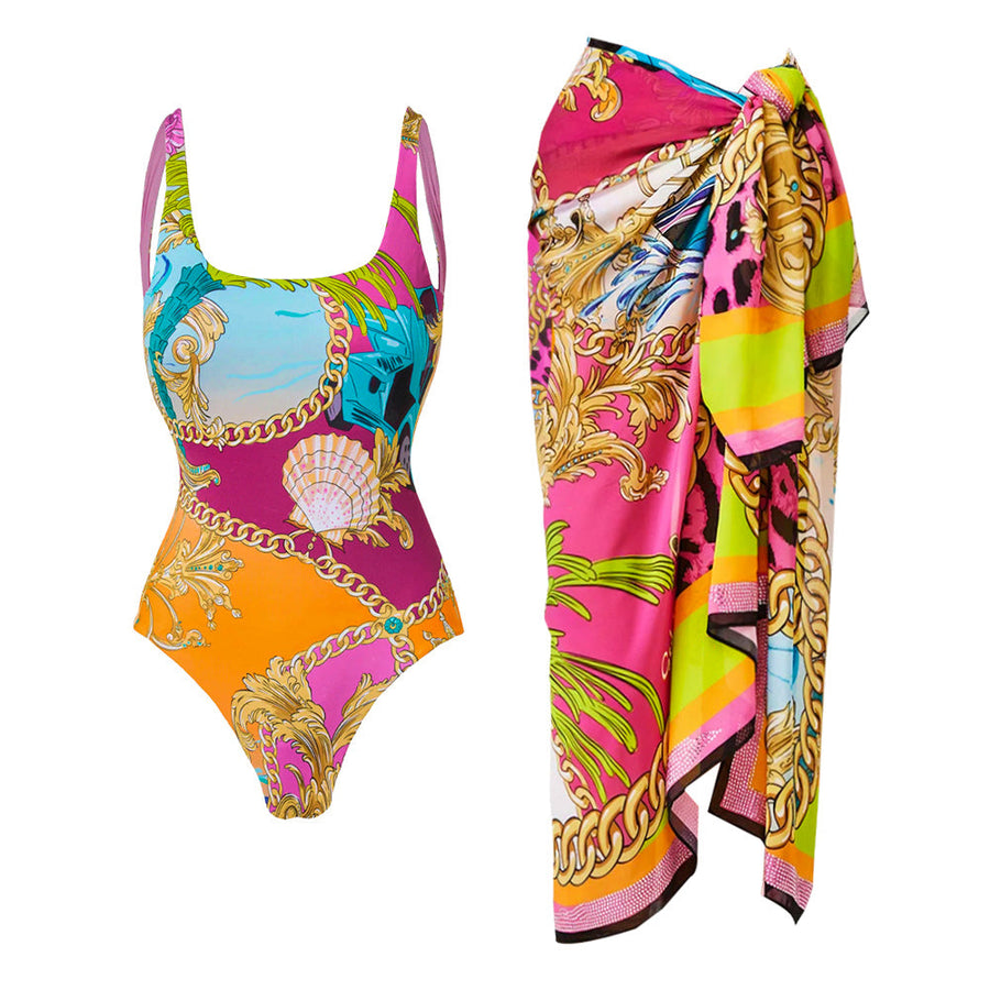 Conjunto de Baño de Una Pieza con Estampado de Concha y Sarong/Falda