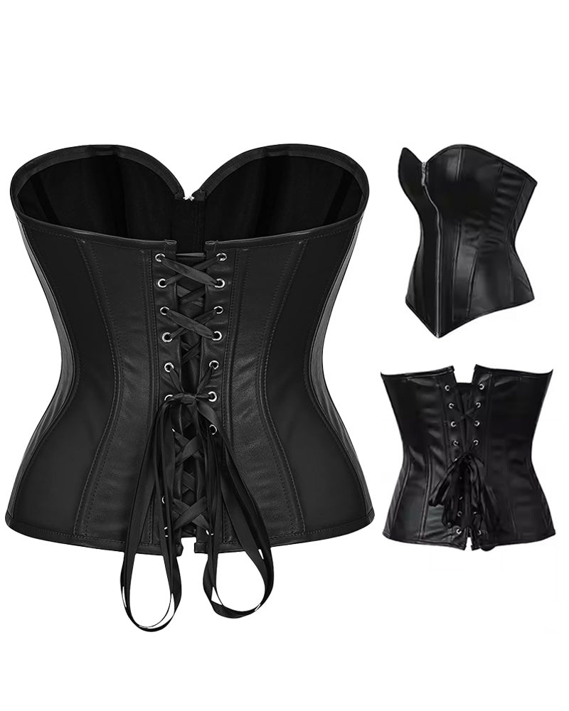 Corsé de Cuero Negro Sexy con Cremallera y Varillas de Acero