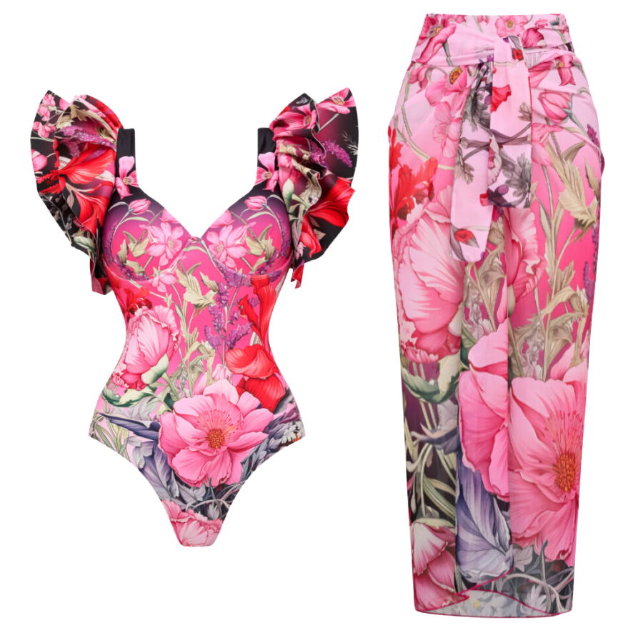 Traje de Baño de Una Pieza con Estampado Floral Arrugado y Sarong