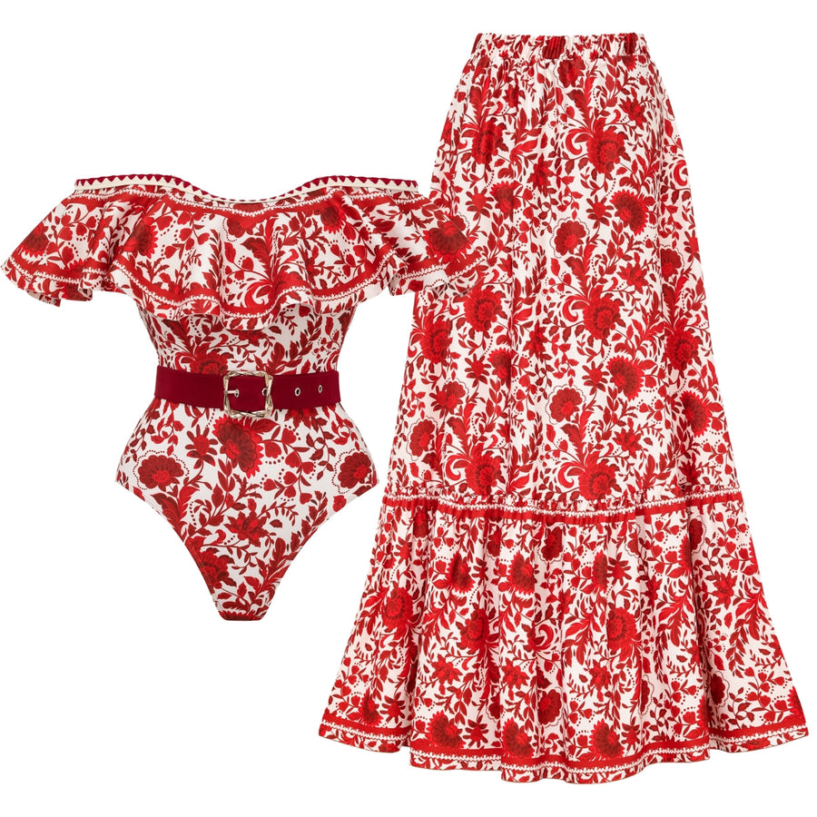 Traje de baño de una pieza con falda y estampado floral en rojo con volantes