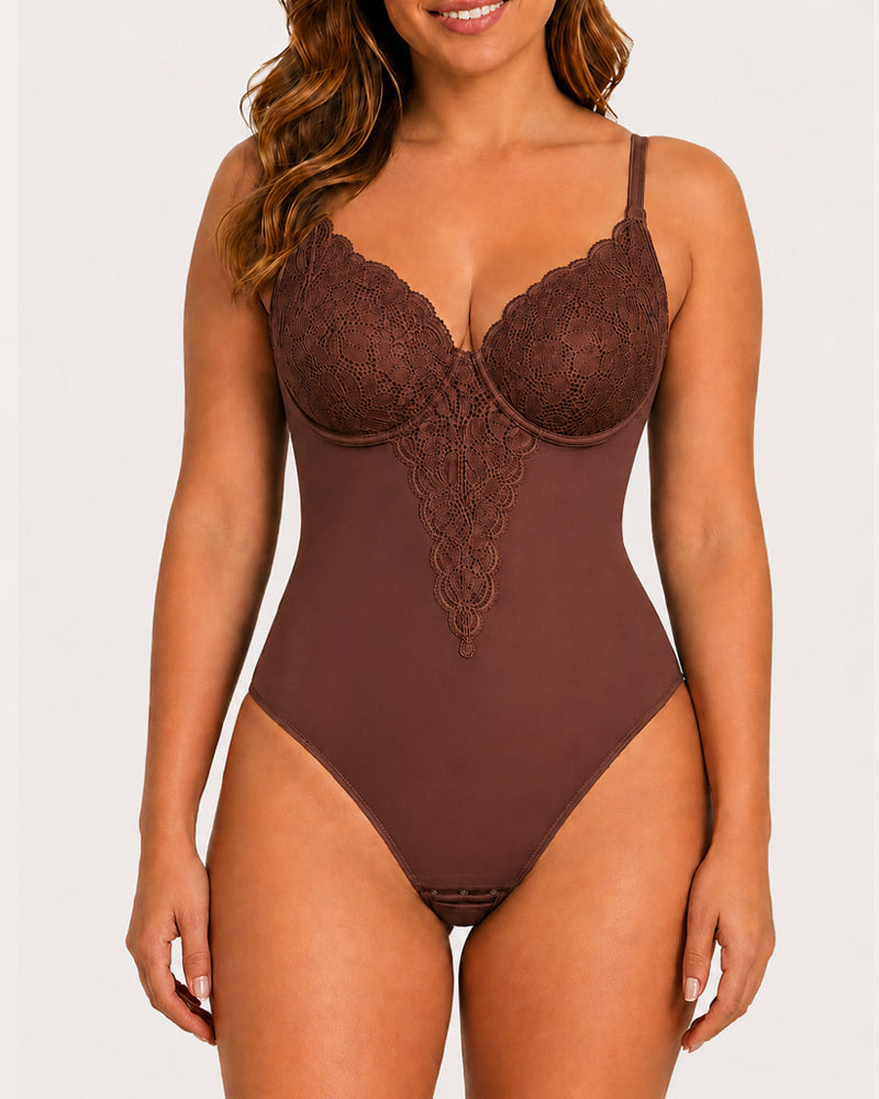 Body sin costuras para mujer con control abdominal y elegante encaje en V profundo