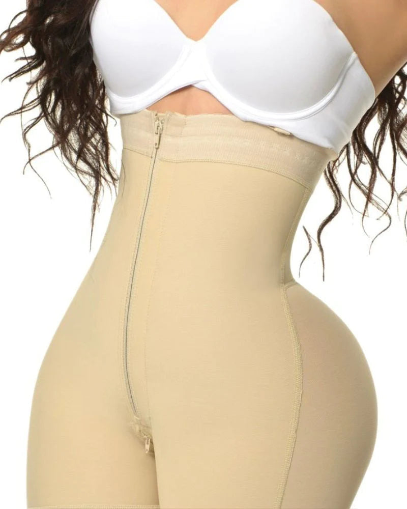 Fajas Colombianas de Compresión Shapewear con Escote Abierto y Control Abdomen con Cremallera