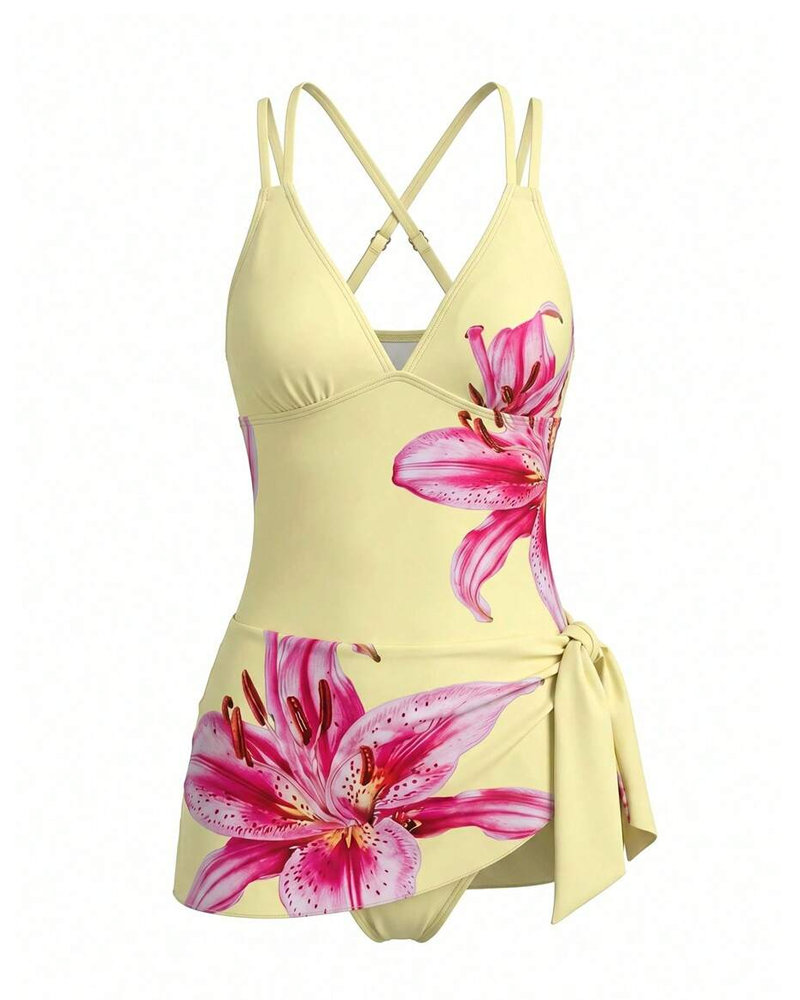 Maillot con estampado de lirios florales y espalda cruzada