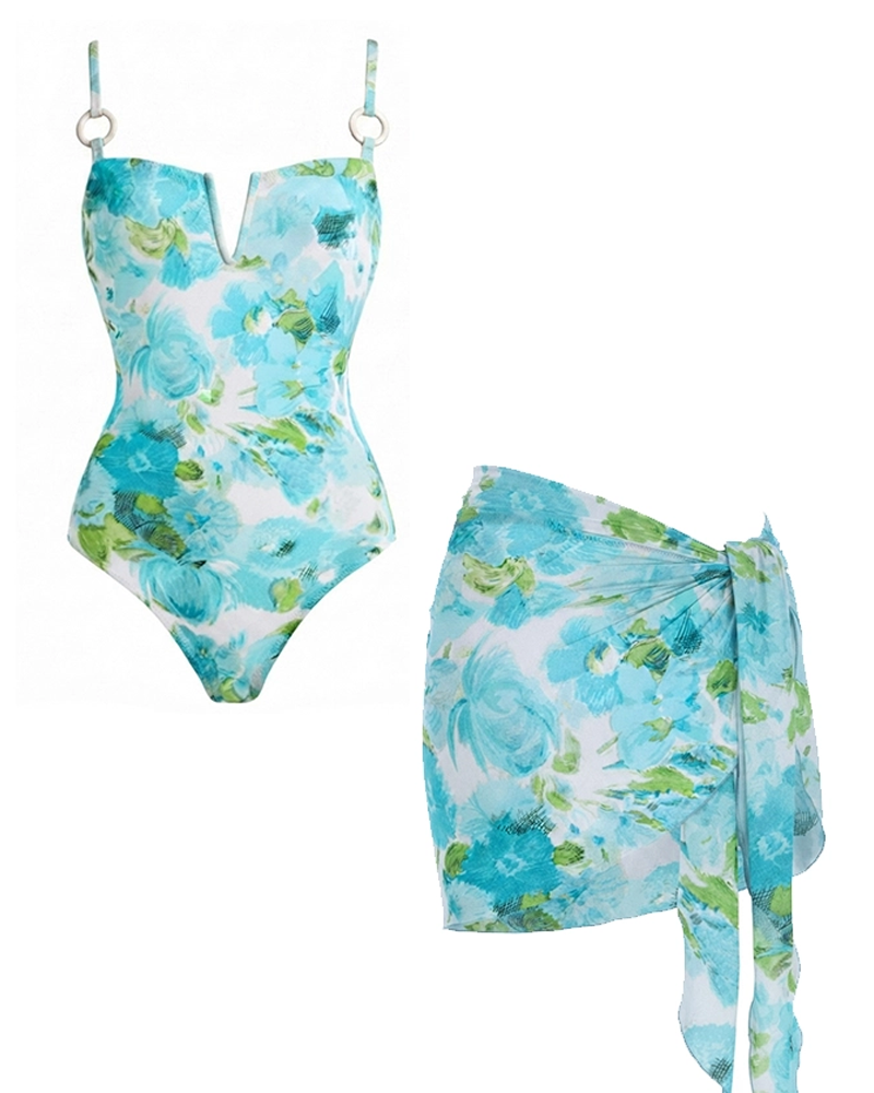 Conjunto de Bañador Abstracto en Tonos Azules con Diseño Floral