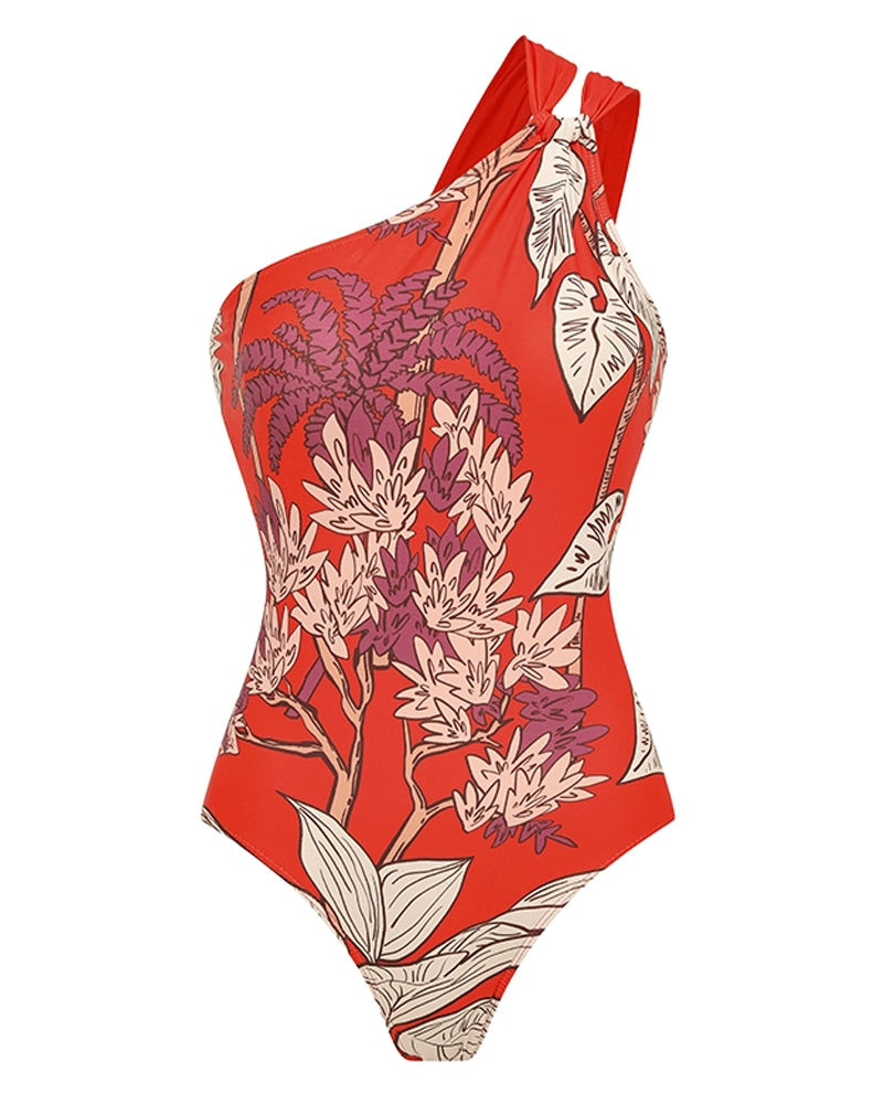 Conjunto de Baño de Un Hombro con Estampado de Plantas Rojas
