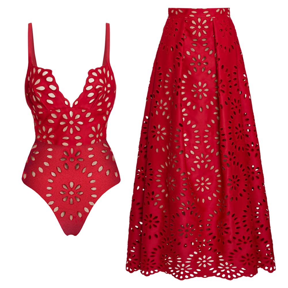 Traje de Baño de Una Pieza con Falda Floral y Diseño Hueco