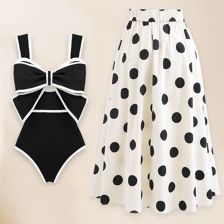 Traje de Baño de Una Pieza con Falda y Lazo en Blanco y Negro
