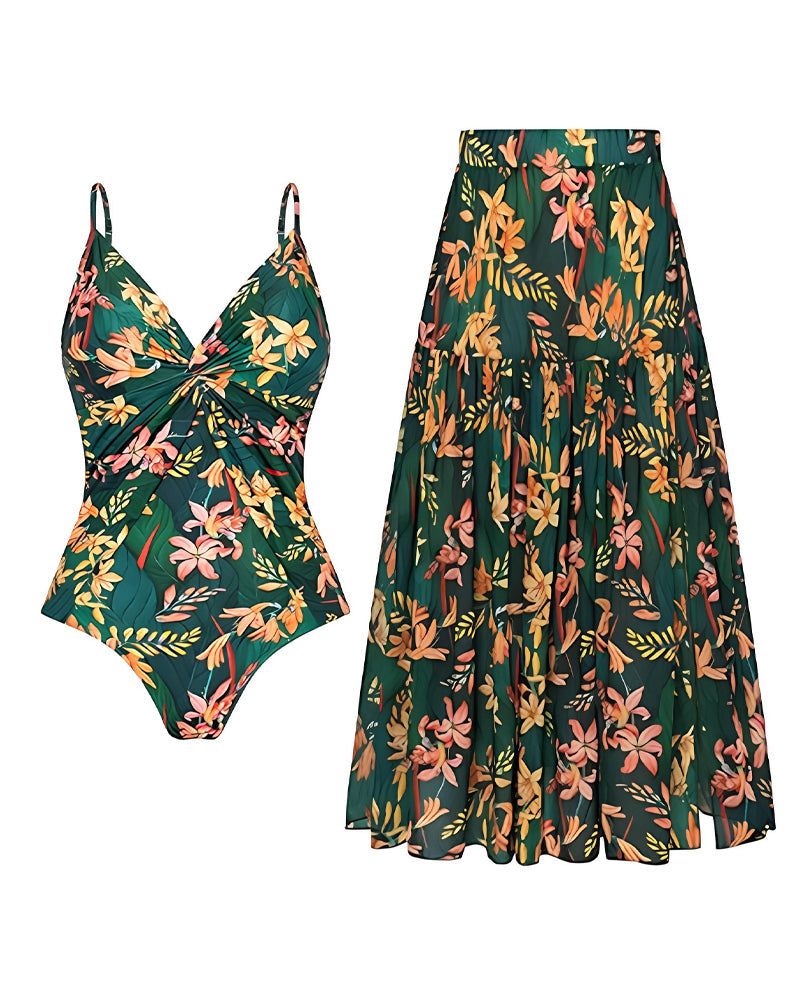 Conjunto de Baño de Una Pieza con Estampado Floral y Falda Larga