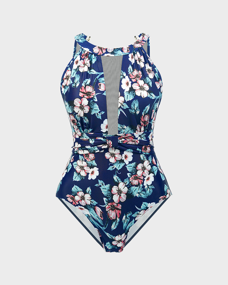 Baño de Cuello Alto con Detalles de Malla y Diseño Floral