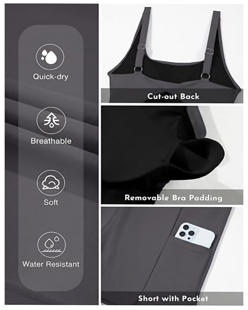 Traje de baño con control abdominal, pantalones cortos integrados y bolsillos