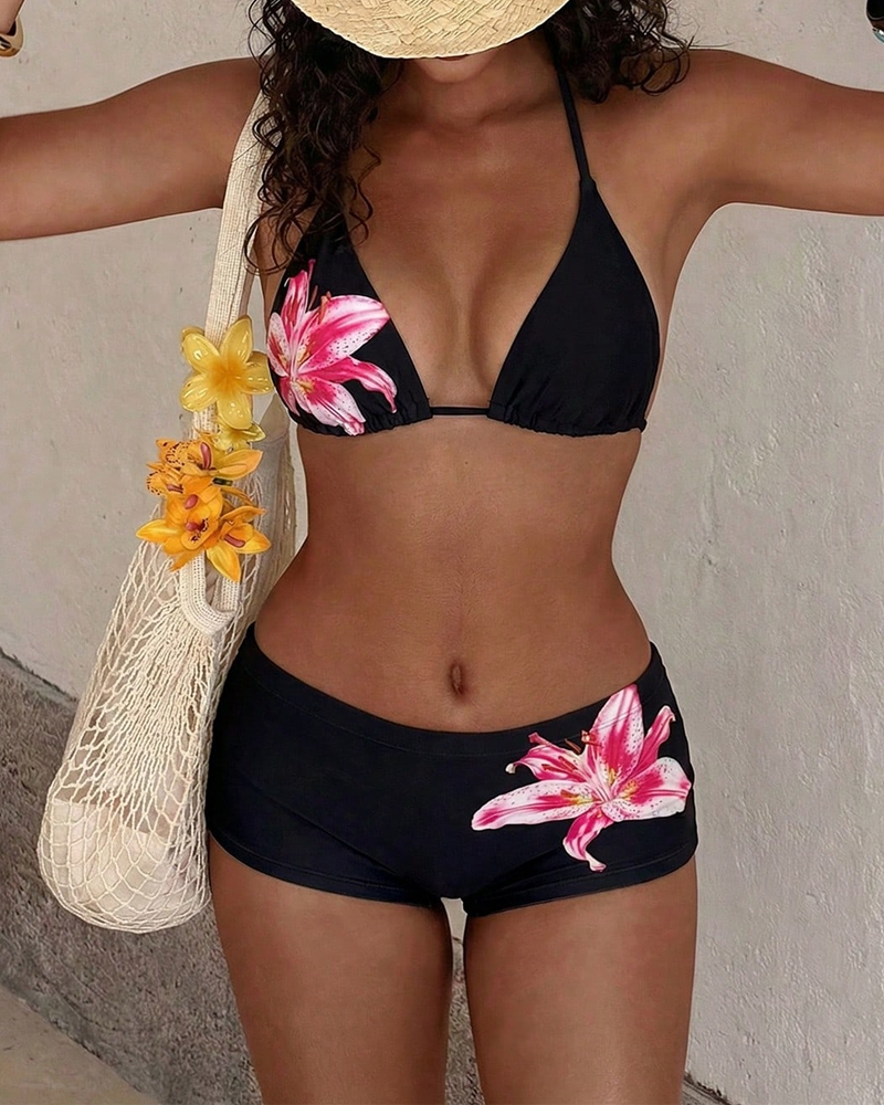 Conjunto de Bikini de Dos Piezas con Tiras Halter y Cintura Alta Estampada