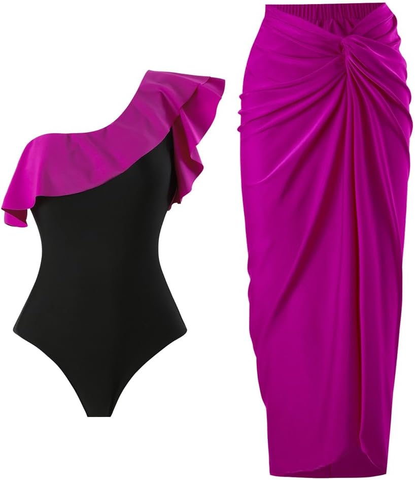 Floralshe® Bañador de Una Pieza para Mujeres con Falda Sarong y Cubierta de Playa Retro con Estampado Floral