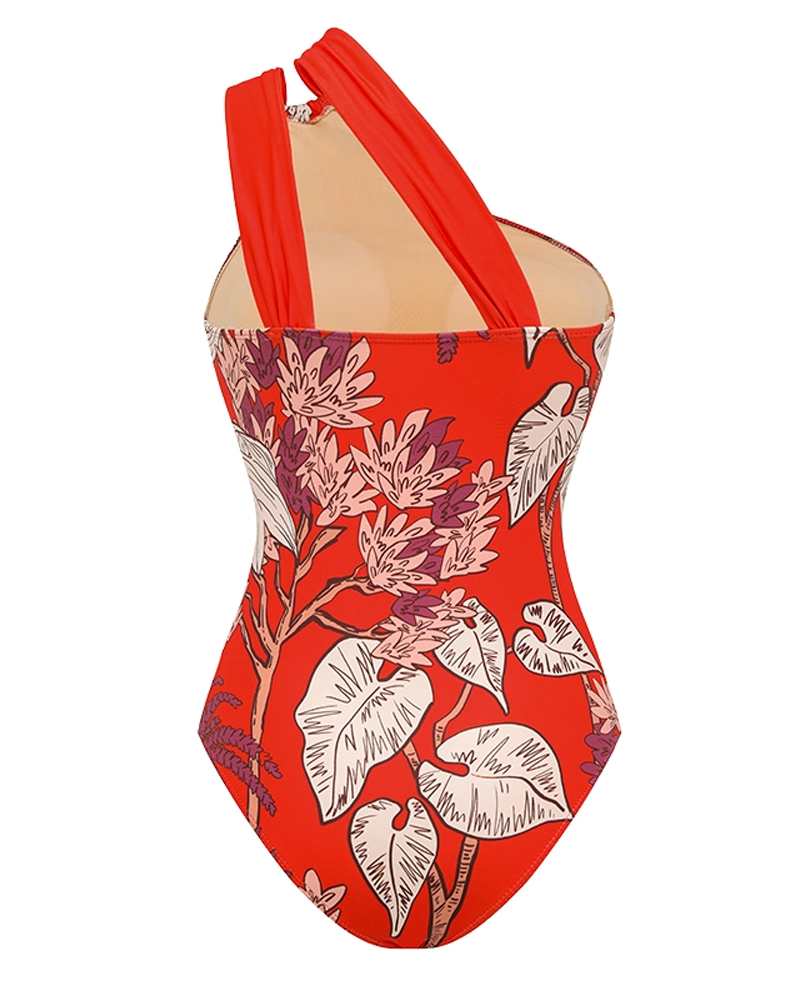 Conjunto de Baño de Un Hombro con Estampado de Plantas Rojas