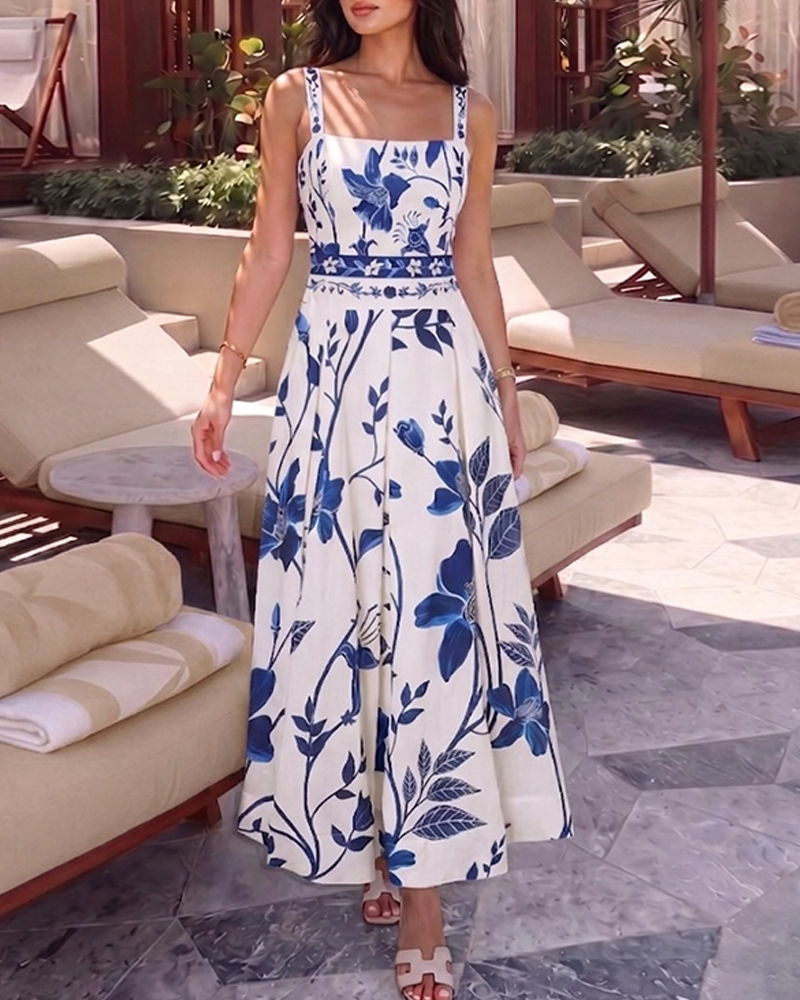 Conjunto de Bañador con Tirantes Ajustables en Diseño Floral Azul y Blanco