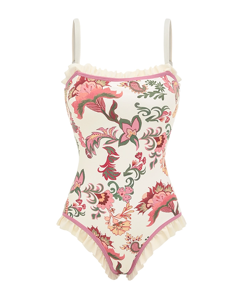 Conjunto de baño rosa con estampado paisley y detalles de volantes